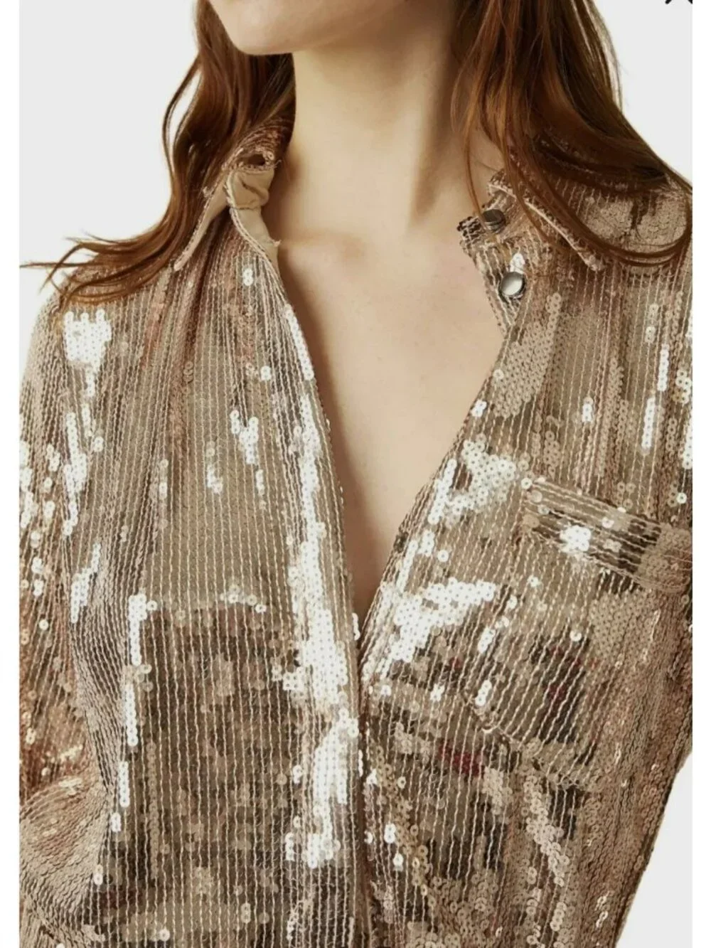 Free People Oversized Sophie Sequin Shirtdress Champagne Large NWT